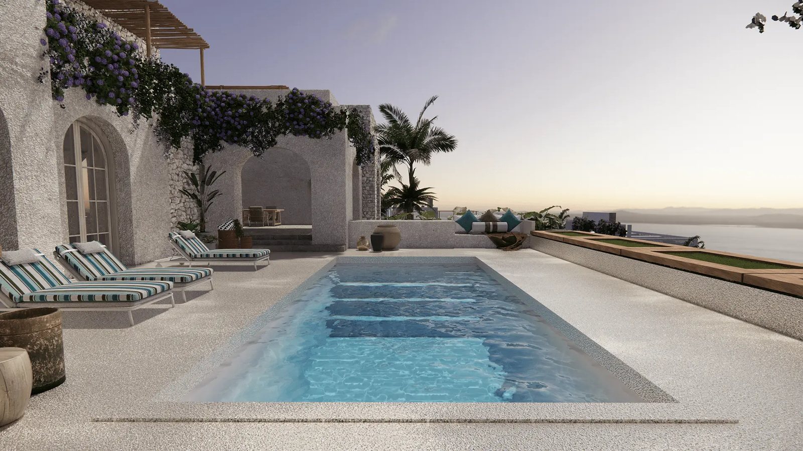 A finished fiberglass pool at blue hour with reflections across still water