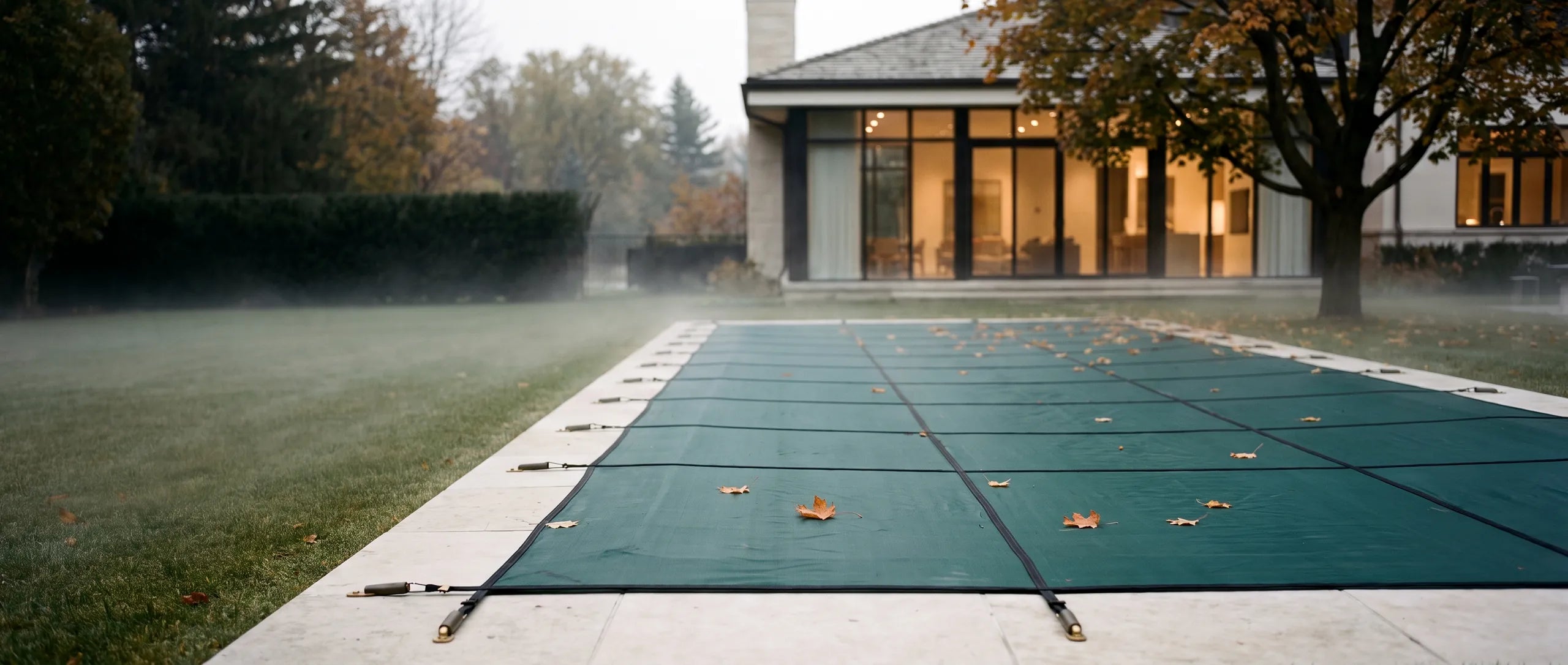 A safety cover tensioned over a closed pool at dusk, anchors and straps in the foreground, the house lit behind