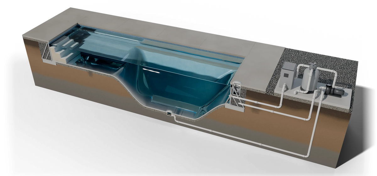 Rendered cross-section of a vinyl liner pool showing the liner, wall, underground plumbing and equipment