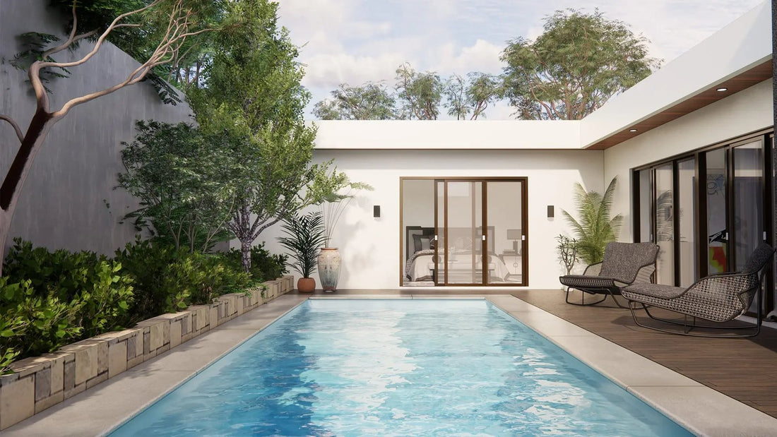 A PENTARM flat-bottom fiberglass pool with a porcelain tiled waterline