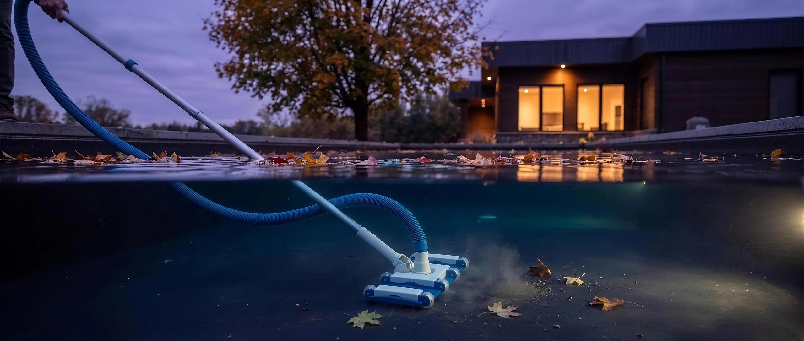 A vacuum head working across the pool floor among autumn leaves — the cleanup a Premium Closing takes off your hands
