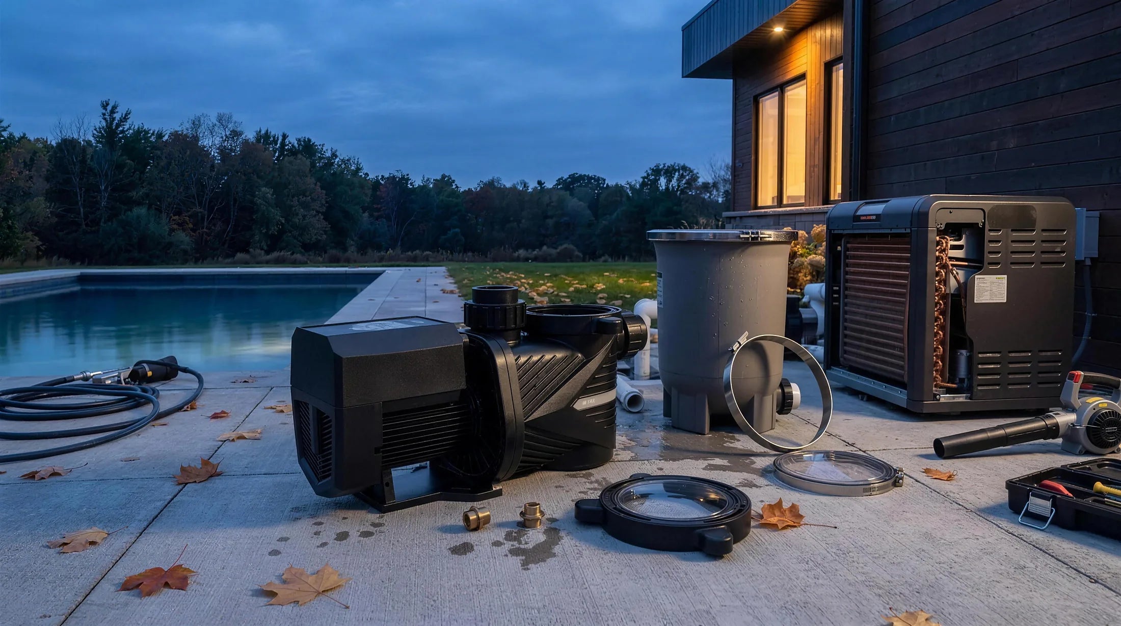 The equipment pad mid-closing — filter opened, pump unbolted, heater panel off and hoses laid out