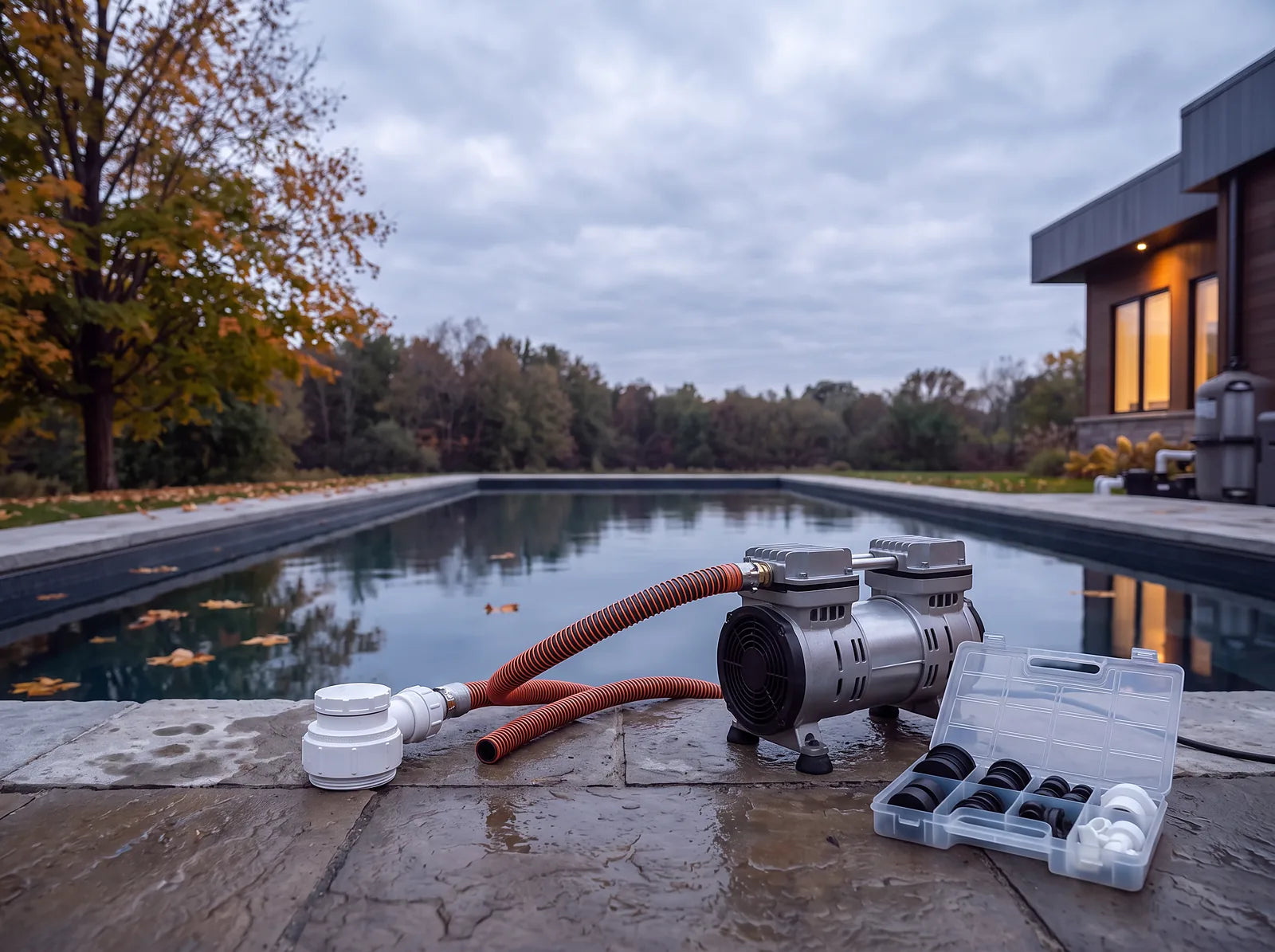 Winterization equipment — air compressor, hoses and winterizing plugs — laid out beside a pool in autumn