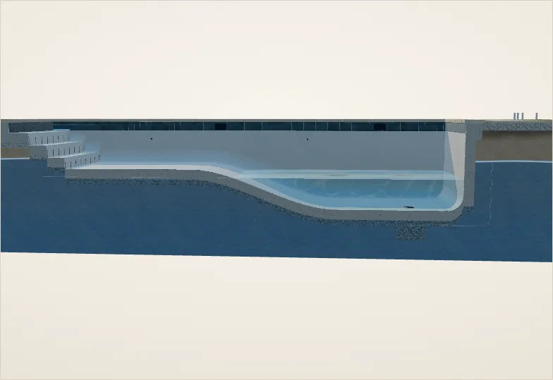 Section showing groundwater beneath a concrete pool and a hydrostatic relief valve