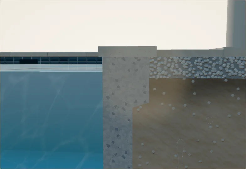 Section through a concrete pool showing the bond beam, wall and steel reinforcement