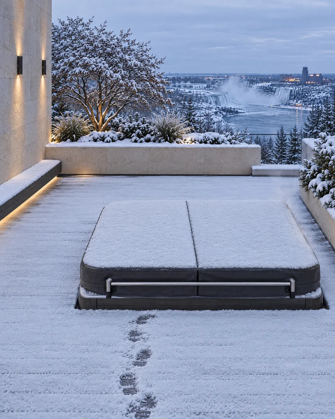 A snow-covered terrace with an Equinox hot tub closed under a charcoal custom cover and lifter