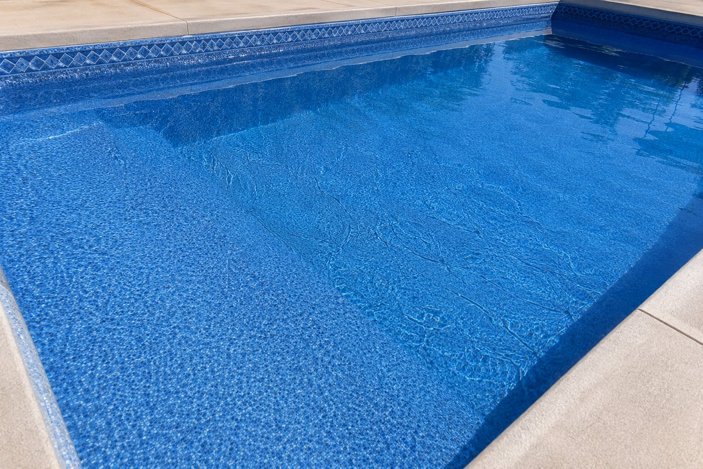 Vinyl pool liner with fine, evenly spread wrinkle lines across the floor, still lying flat against the shell.